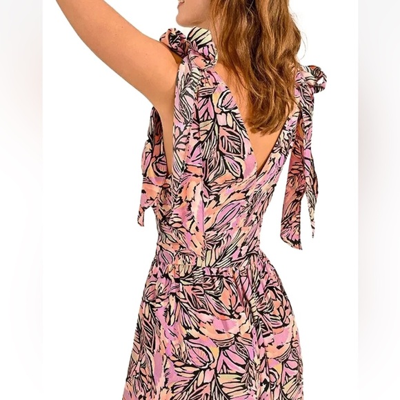 NWOT Molly Bracken Pink Palm Print Tie Sleeve Deep V-Neck Maxi Dress Size Small - Picture 4 of 14